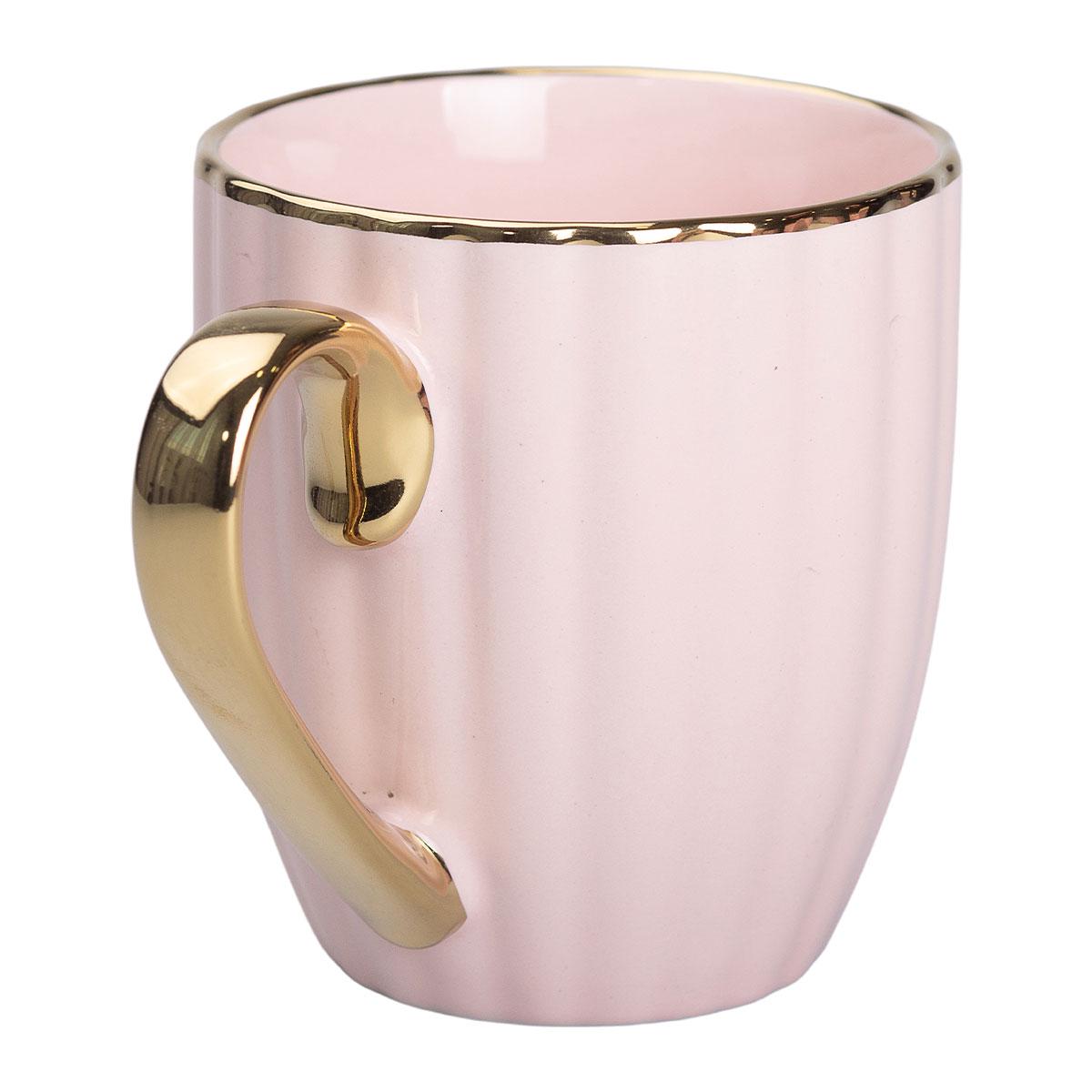 Кружка керамическая с золотым ободком и золотой ручкой 420 мл Розовый (5707)