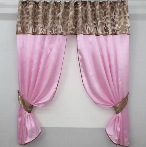 Шторки на кухню с ламбрекеном 290х170 см Розовый/Пудровый (073к)