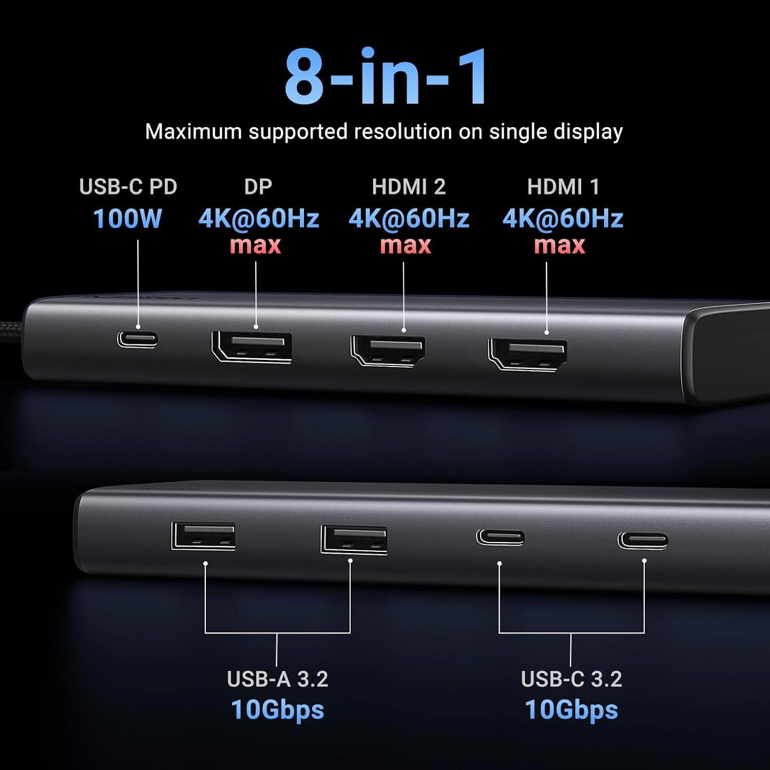 Док-станція UGREEN USB-C потрійний 4K дисплей 10Гбіт/с USB 3.2 PD 100Вт 30 см Сірий (35625) - фото 8 Док-станція UGREEN USB-C потрійний 4K дисплей 10Гбіт/с USB 3.2 PD 100Вт 30 см Сірий (35625) - фото 8