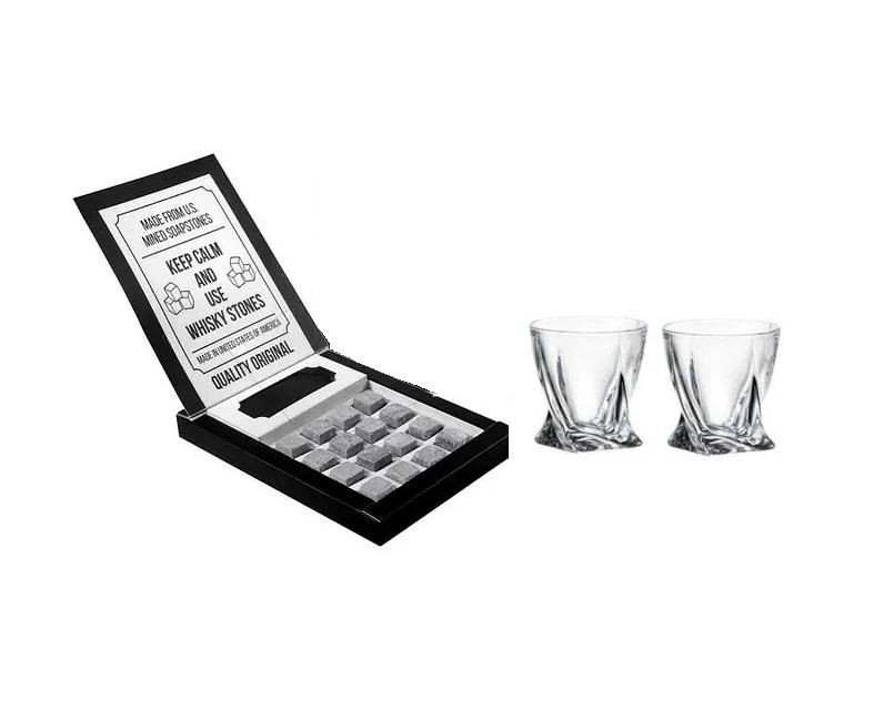 Подарочный набор для алкоголя камни для виски Whiskey Stones 16 шт. и 2 хрустальных стакана Bohemia Quadro