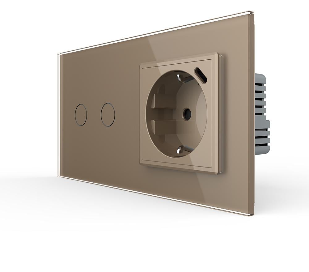 Выключатель сенсорный Livolo двойной USB Type-C 18 Вт 16 А 230 В с заземлением/шторками стекло Золотой