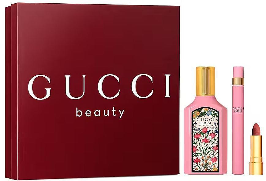 Подарочный набор для женщин Gucci Flora Gorgeous Gardenia парфюмированная вода 50 мл/парфюмированная вода мини 10 мл/мини помада (402158)