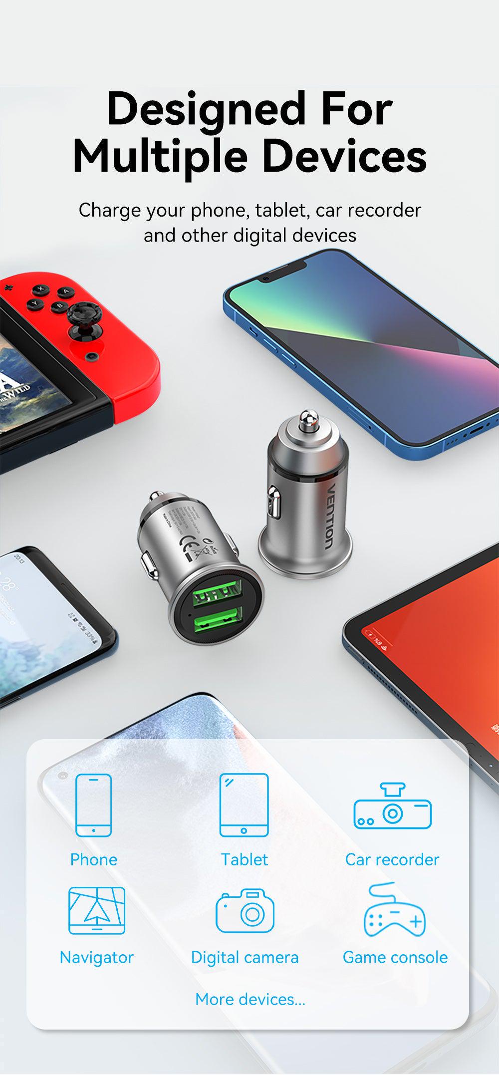 Зарядний пристрій автомобільний Vention 2x USB 18W/18W 4.8A USB-A Quick Charge 4.0/QC3.0 алюмінієвий Сріблястий (FFAH0) - фото 4 Зарядний пристрій автомобільний Vention 2x USB 18W/18W 4.8A USB-A Quick Charge 4.0/QC3.0 алюмінієвий Сріблястий (FFAH0) - фото 4