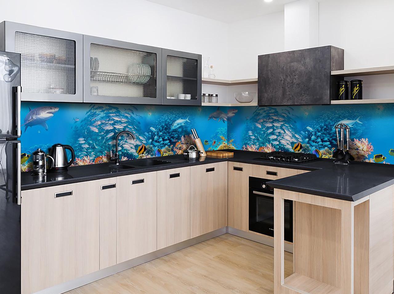 Кухонный фартук Косяки рыб акулы дельфины подводный мир из самоклеющейся виниловой пленки 60х250 см Голубой