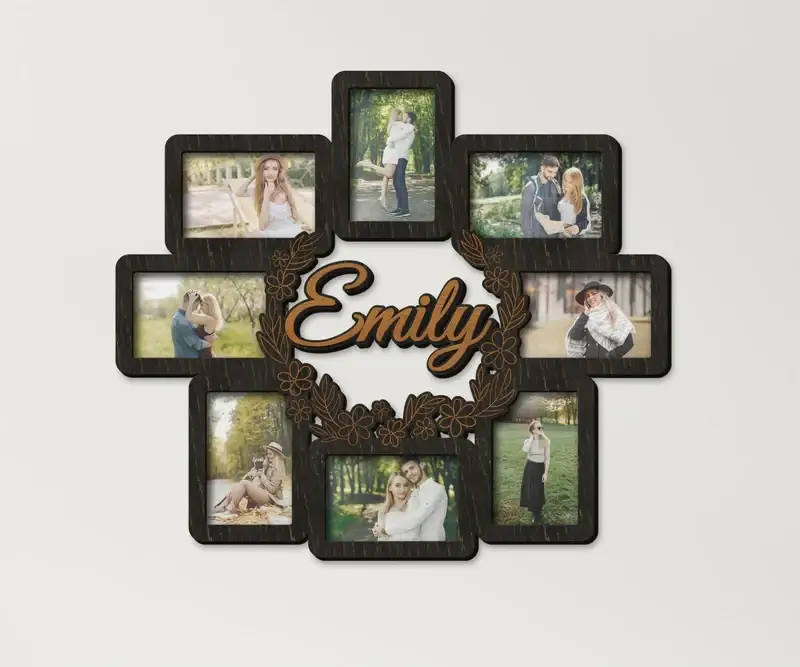 Рамки для фотоколажу дерев'яні з квітами на 8 фото Чорний (flowers_name_collage-4)