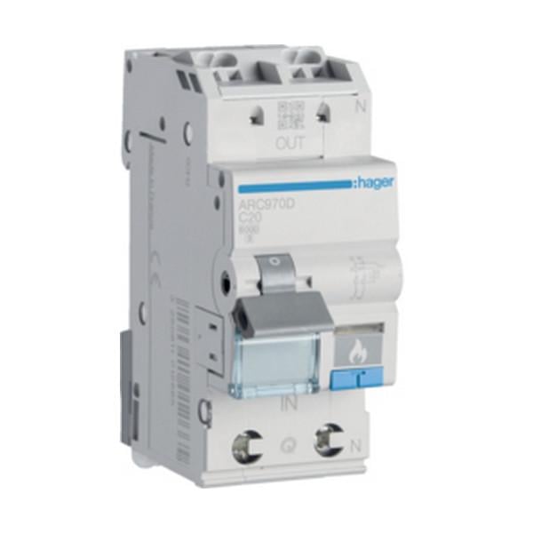 Автоматический выключатель Hager с дуговой защитой AFDD 2 полюса 1P+N 20A 6 kA тип C ARC970D (73444)
