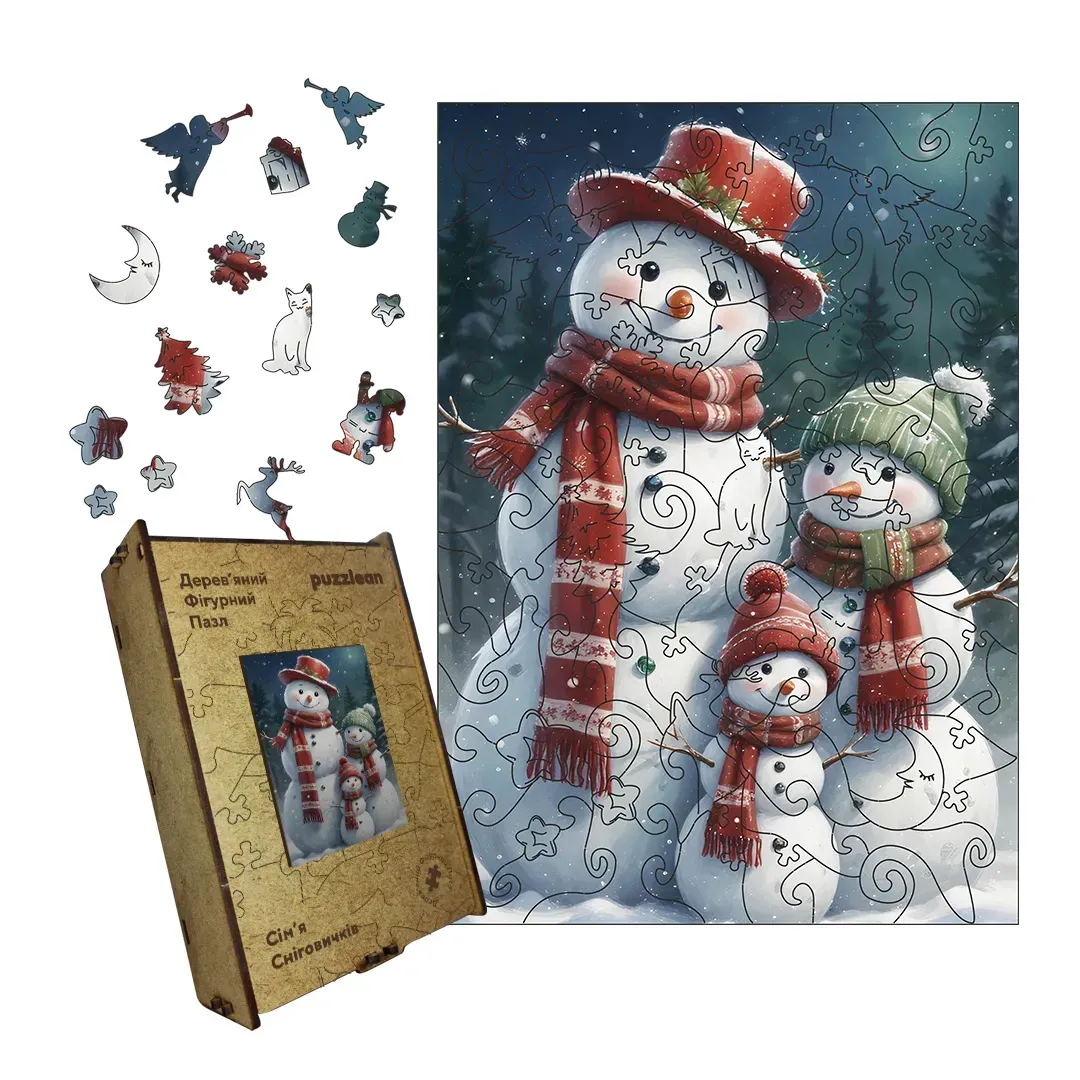 Пазл дерев'яний фігурний сім'я сніговичків А2 300+ ел. Пазл дерев'яний фігурний сім'я сніговичків А2 300+ ел.