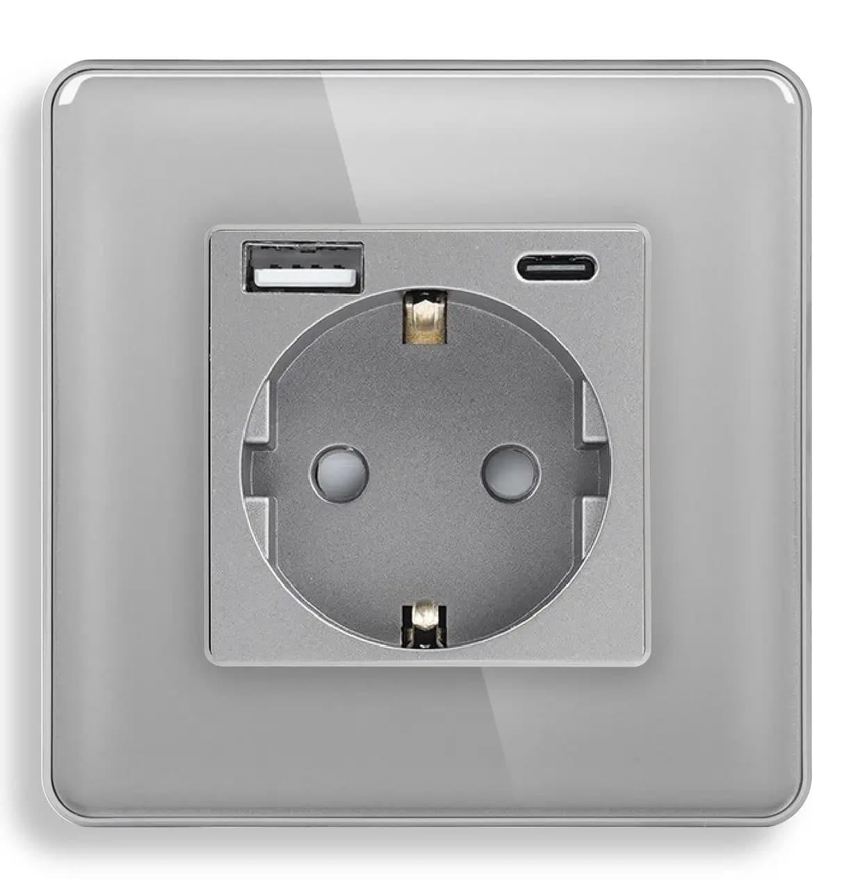 Розетка настенная ELIOS с USB A+C 20Вт с заземлением сенсорная/ 250В 16А стеклянная рамка Серый (TW-GAC-GY)