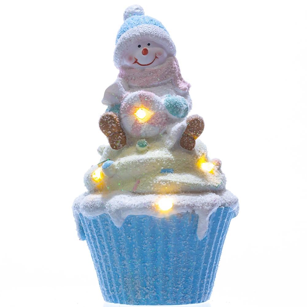 Новогодняя фигурка с подсветкой Снеговик на капкейке 10х10х17,5 см (CR-6-8)