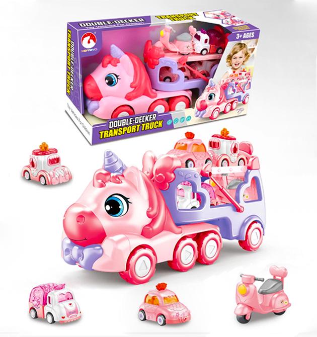 Набор игровых машинок Единорог для девочек автовоз инерционный и 4 машинки с подсветкой Розовый