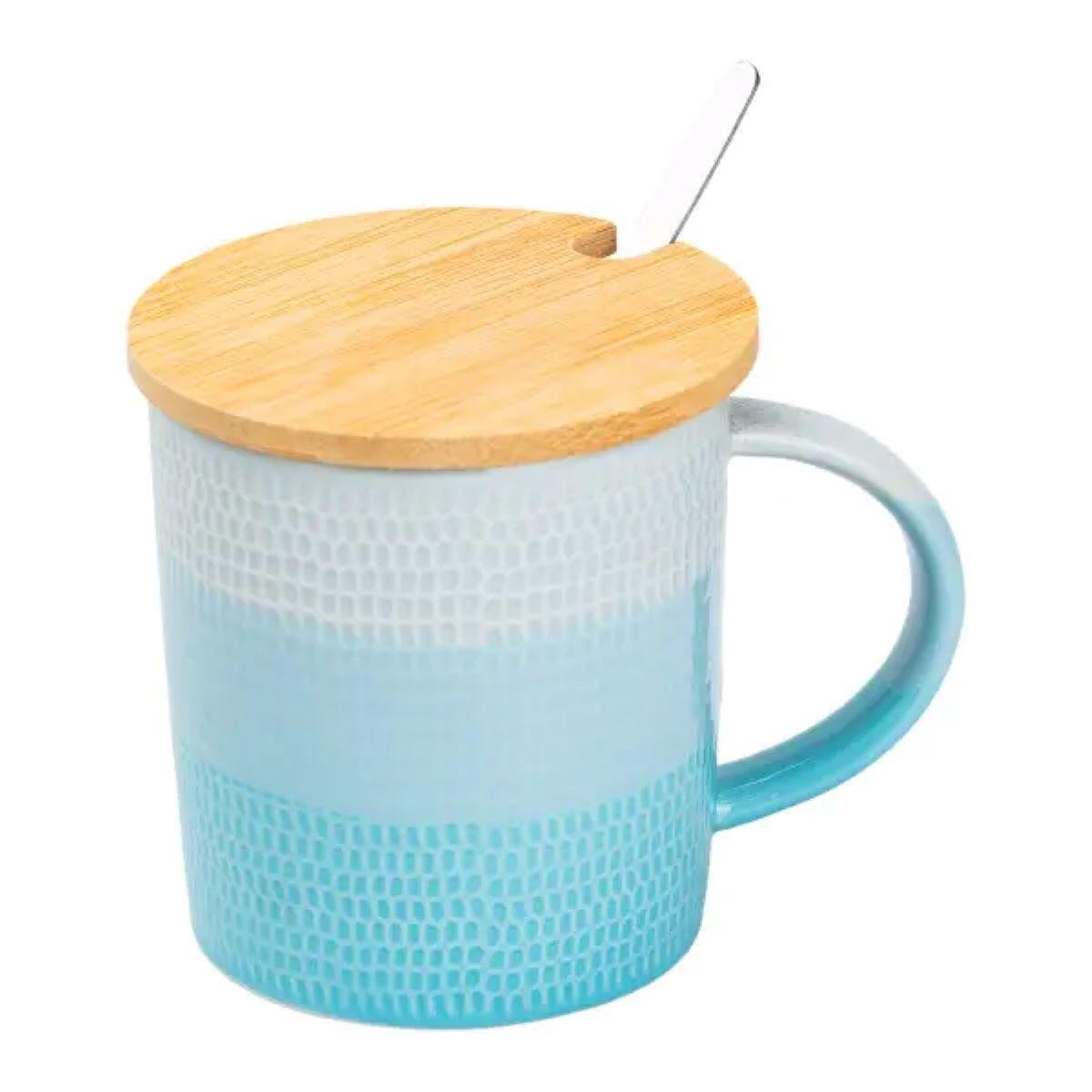 Чашка с бамбуковой крышкой и фарфоровой ложкой 350 мл Голубой (HP7201LB)