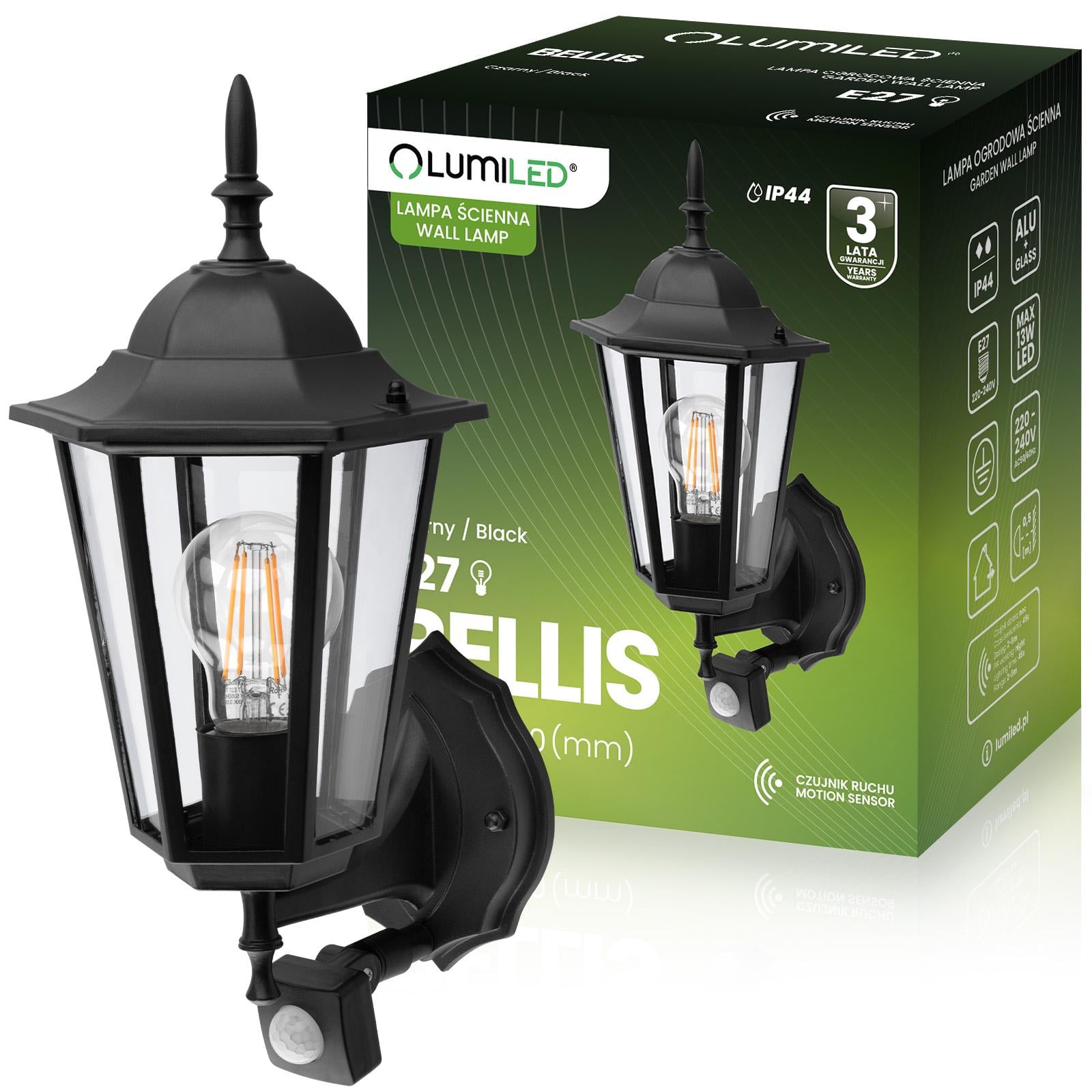 Светильник настенный наружный ретро-фонарь Lumiled Bellis с датчиком движения E27/IP44 Черный матовый (34147054)