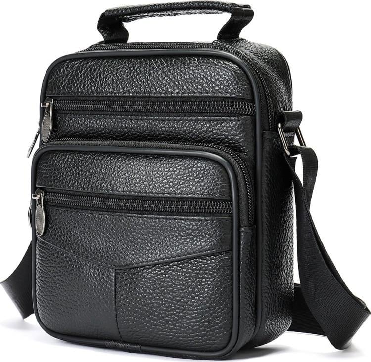 Мужская сумка Lorian через плечо с ручкой и плечевым ремнем из натуральной кожи Черный (LR 256107-black)