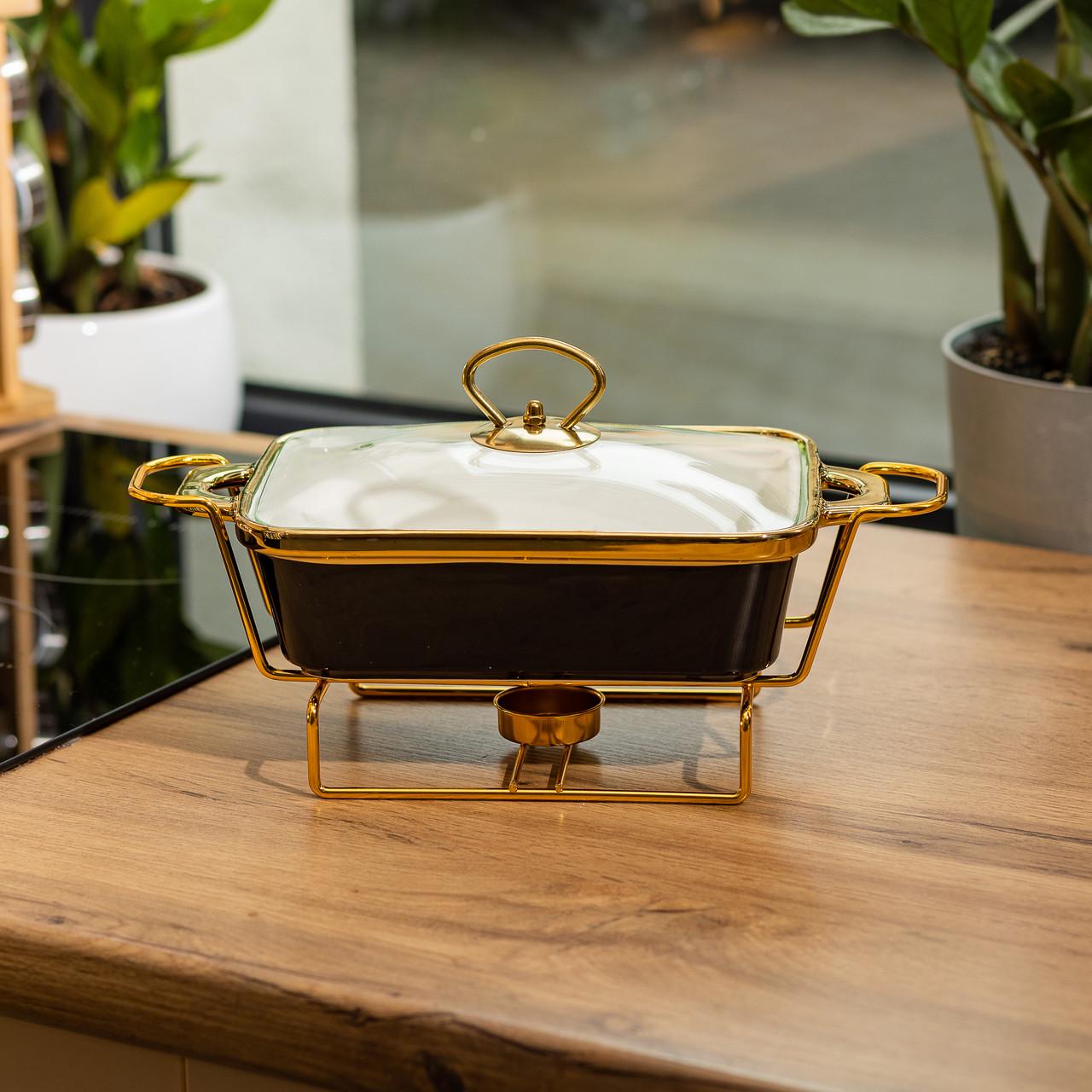 Мармит фарфоровый со стеклянной крышкой на металлической подставке 31х16х15,5 см 1 л Черный - фото 1 Мармит фарфоровый со стеклянной крышкой на металлической подставке 31х16х15,5 см 1 л Черный - фото 1