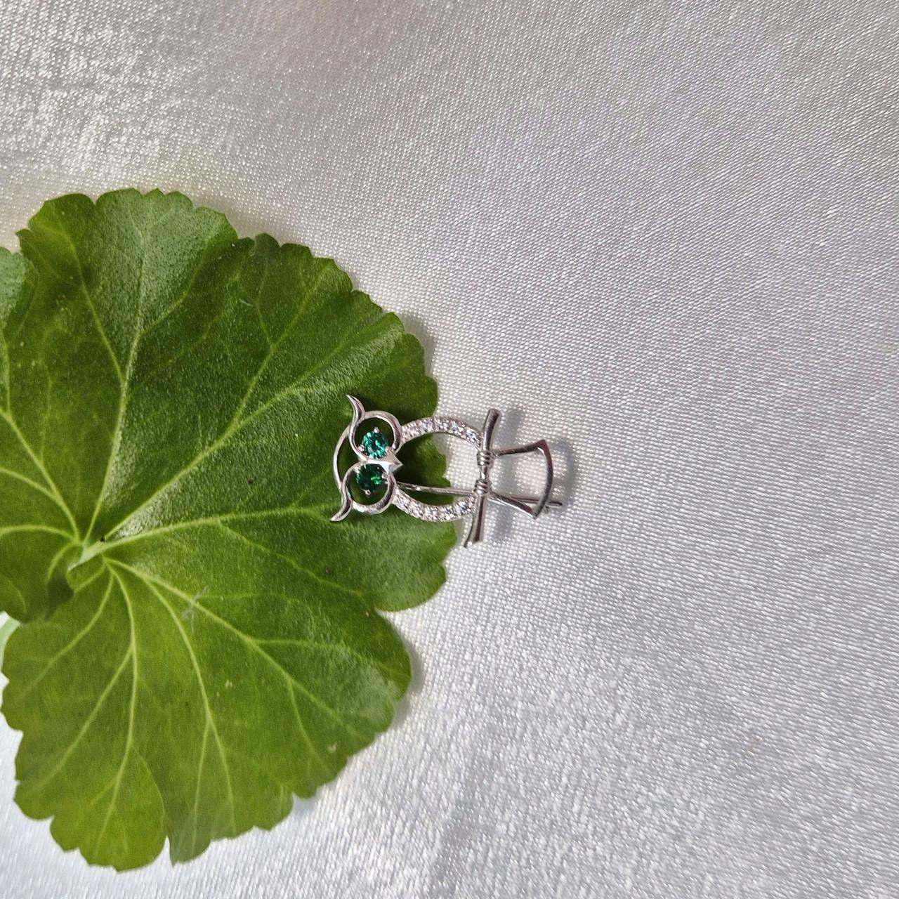 Срібна брошка Сова із Зеленими очима 925 проби родоване 1,80 г (7048r) - фото 5