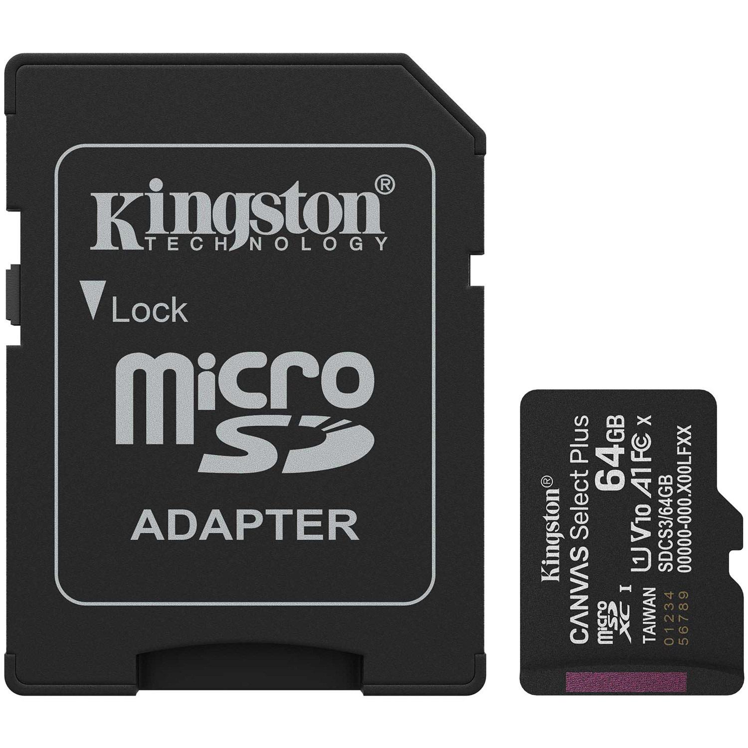 Карта памяти Kingston Canvas Select Plus Gen3 microSDXC 64GB 100R A1 C10 Retail с адаптером Black (SDCS3/64GB#)