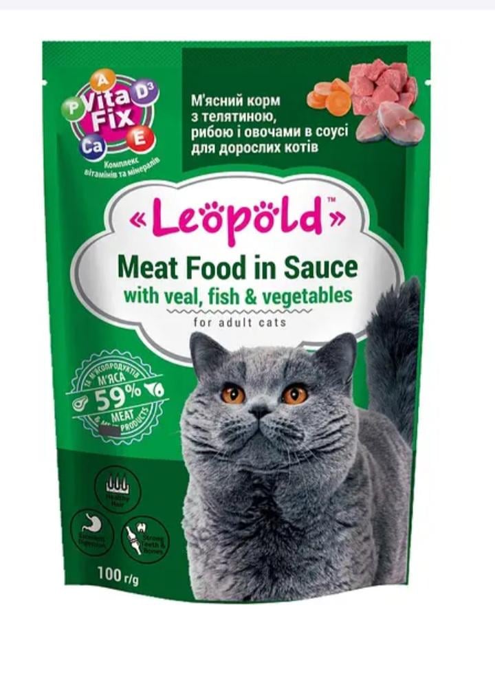 Корм для котів м'ясний Леопольд з телятиною та рибою з овочами у соусі 100 г (26) Корм для котів м'ясний Леопольд з телятиною та рибою з овочами у соусі 100 г (26)