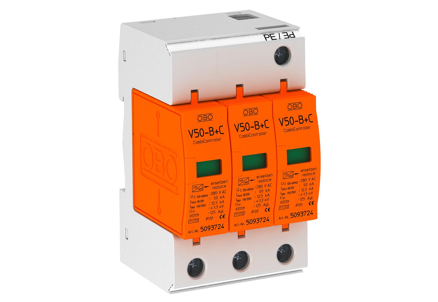 Ограничитель перенапряжения OBO bettermann V50-B+C 3-280 3P 90кА 280 В класc 1+2 B+С (5093627)