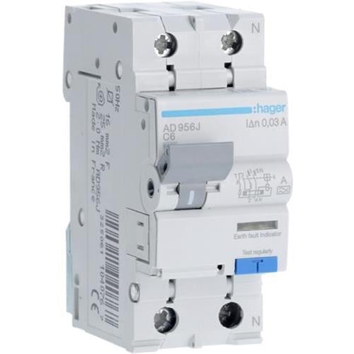 Дифавтомат Hager 6A 30mA 6kA 2 полюса тип C тип A AD956J (00570)
