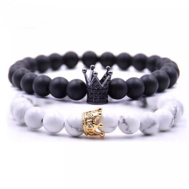 Браслети парні з кахолонгу та шунгіту з чорною та золотою коронами р. 14 (70006)