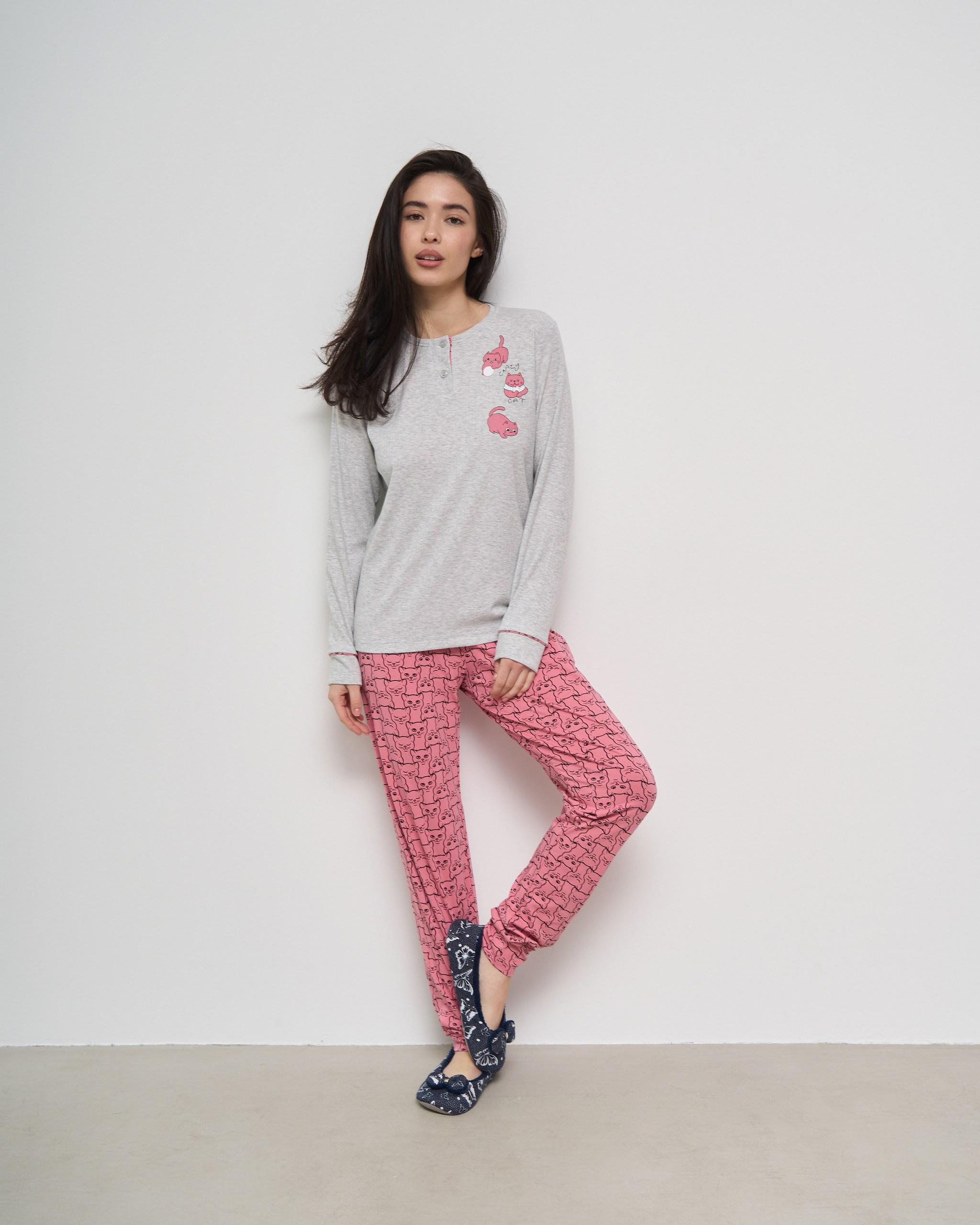 Пижама женская брюки и кофта Котики XL Светло-серый (96726)