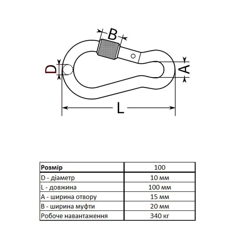 Карабін Metalvis DIN 5299 D ø 10x100 мм пожежний з муфтою цинк 10 шт. Білий (3KR20PD00003KRX0A0) - фото 2