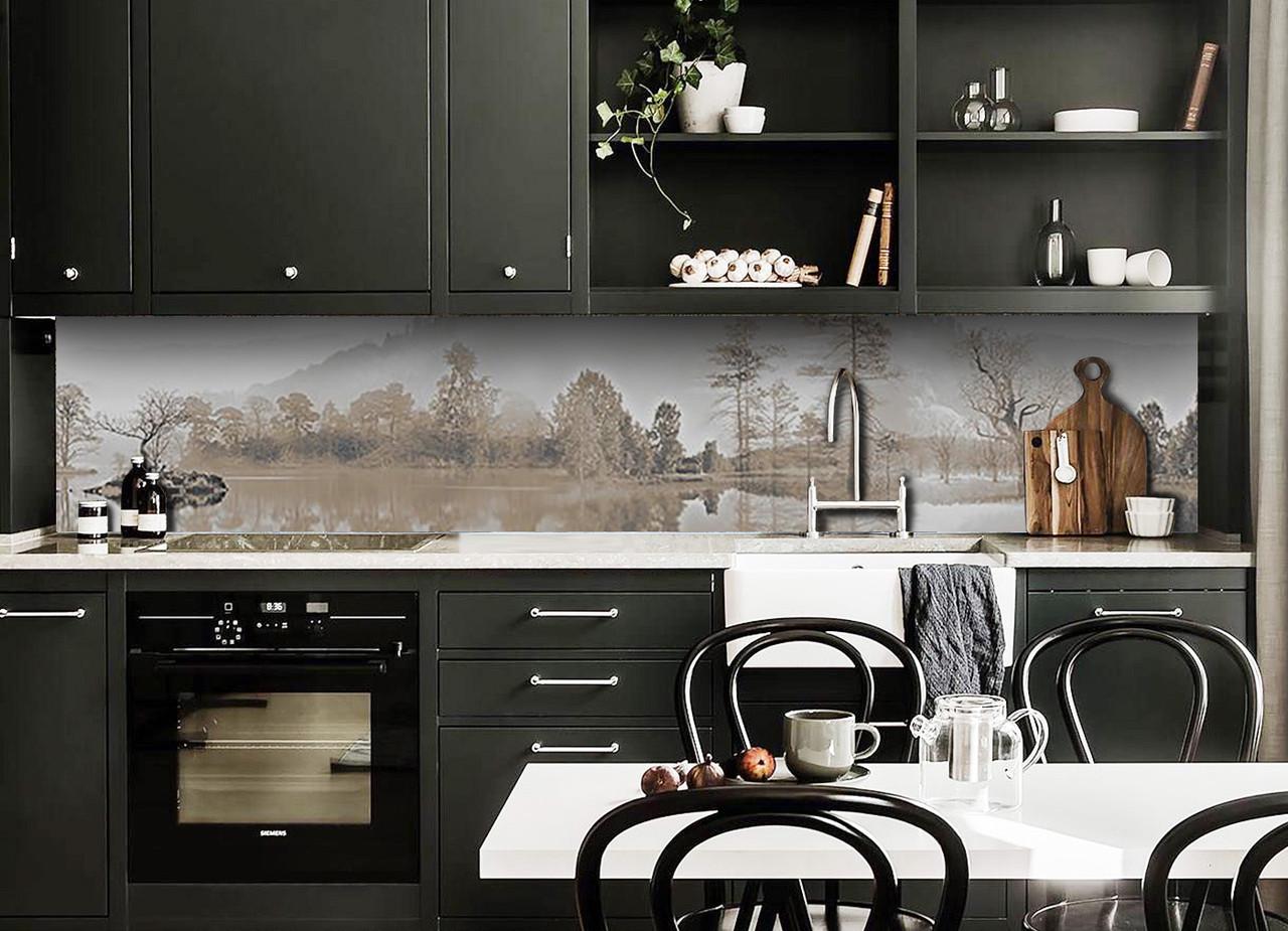 Кухонный фартук Дождливый пейзаж лес из самоклеющейся виниловой пленки 60х300 см Бежевый