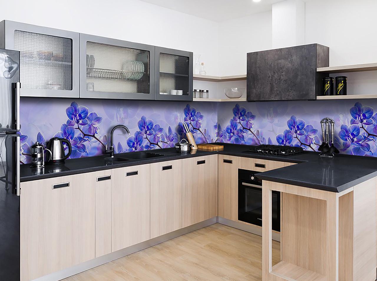 Кухонный фартук Голубые орхидеи из самоклеющейся виниловой пленки 60х300 см Голубой