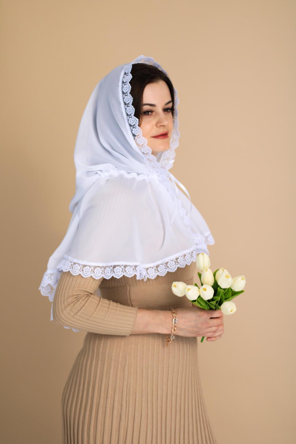 Палантин для храма на голову 80x120 см Белый (п001) - фото 5 Палантин для храма на голову 80x120 см Белый (п001) - фото 5