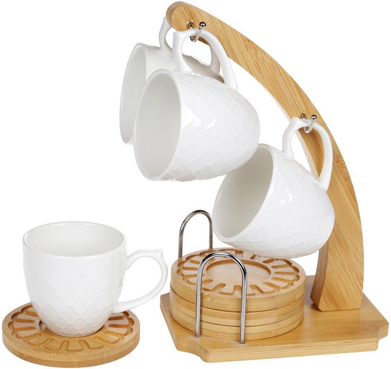 Набор кружок Nouvelle Home Blanca 160 мл с бамбуковыми блюдцами на стойке 4 шт. (BD-289-329)