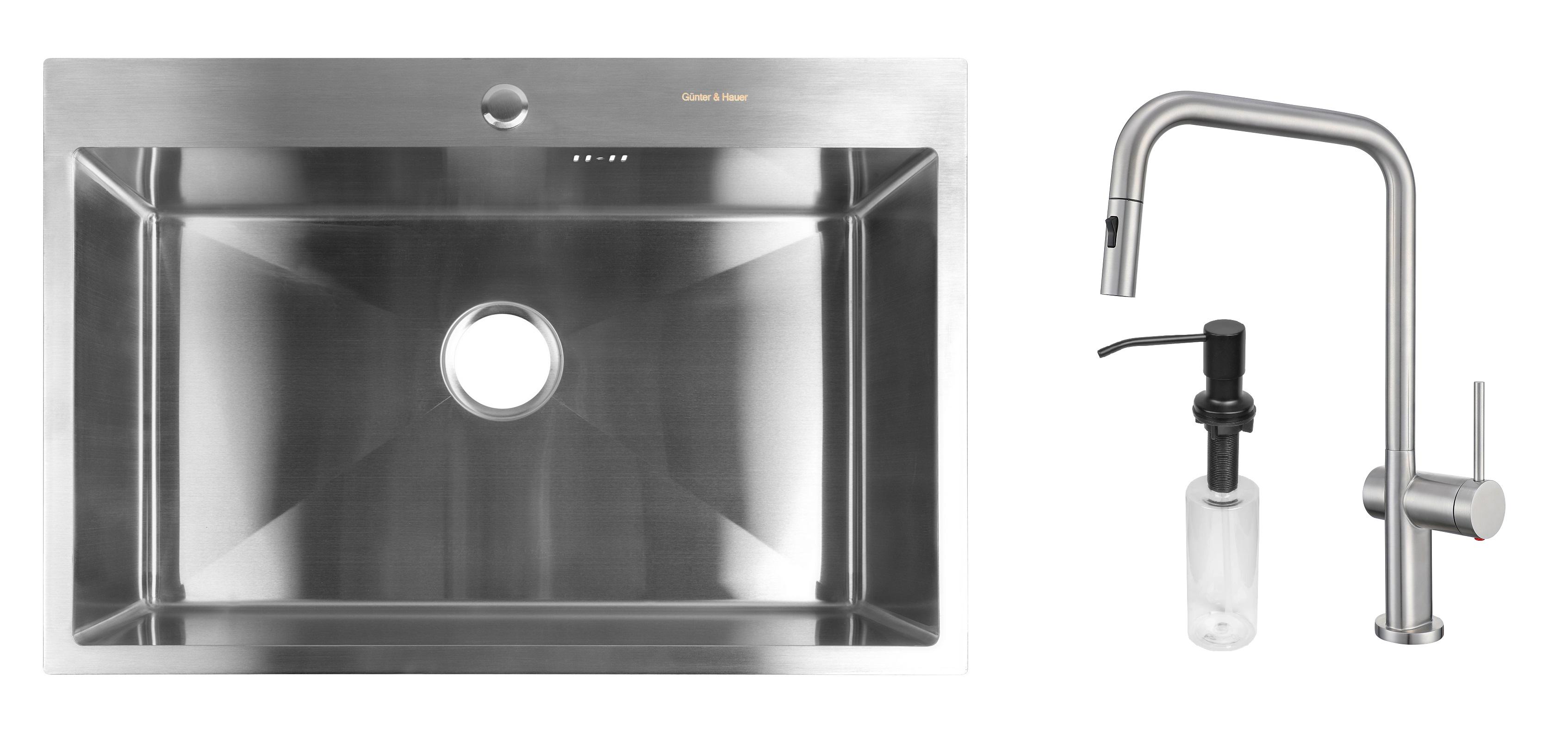 Комплект из кухонной мойки Gunter&Hauer Odenbach 7522 Inox и кухонного смесителя Gunter&Hauer BRUNNEN Br и дозатора Gunter&Hauer Soap Dispenser Black