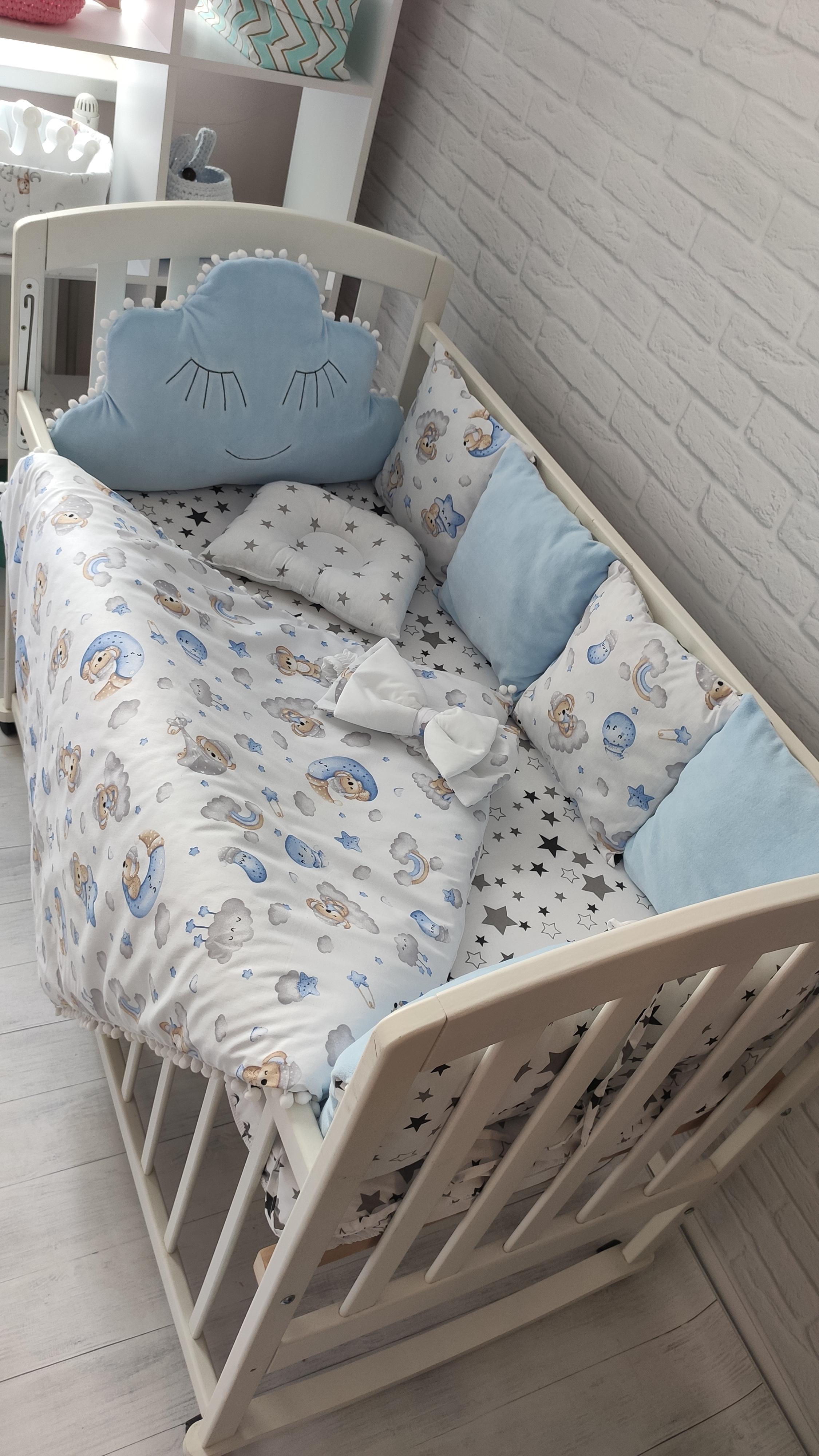 Набор бортиков в кровати Велюр Облако на три стороны Голубой - фото 7