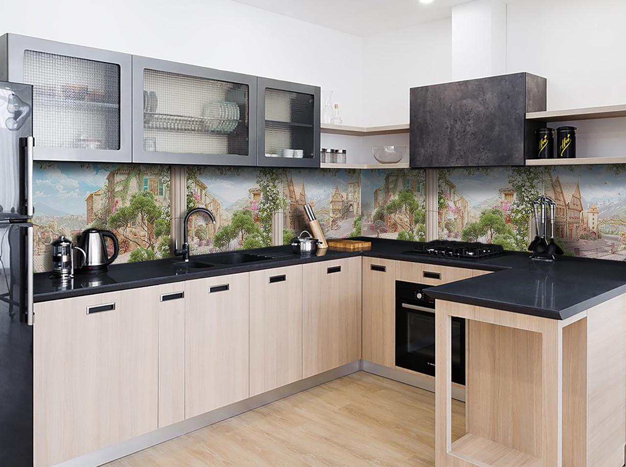 Кухонный фартук Скандинавские домики 3Д из самоклеющейся виниловой пленки 60х300 см Бежевый