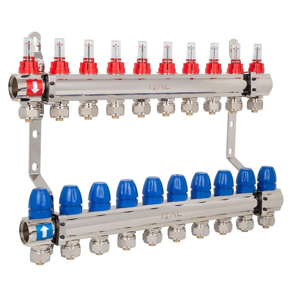 Комплект коллектора с расходомерами ITAL IT010-H2001 из латуни 1"-3/4" евроконус на 10 выходов (1055678)