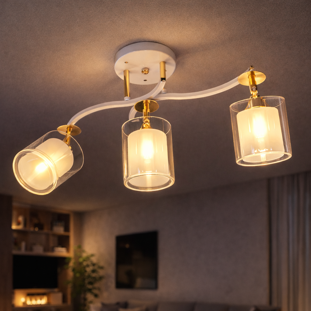 Люстра Valeso с тремя стеклянными поворотными плафонами под лампу Е27 Белый/Золотой (Ю 2435C/3 WH+FG)