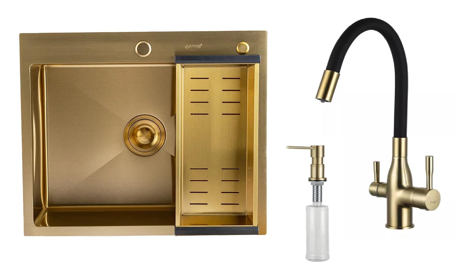 Кухонная мойка Gappo 60/50 из нержавеющей стали со смесителем с подключением к фильтру дозатором и корзиной Золотой (601046108)