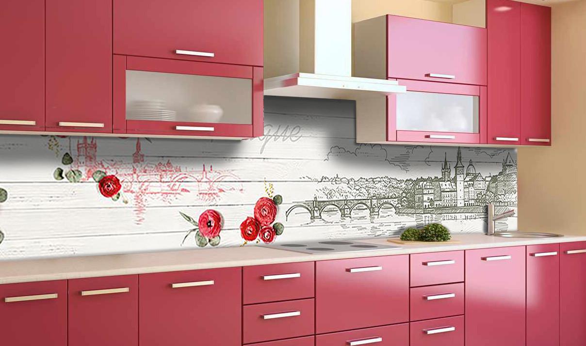 Кухонный фартук Прага и розы доски из самоклеющейся виниловой пленки 60х300 см Серый