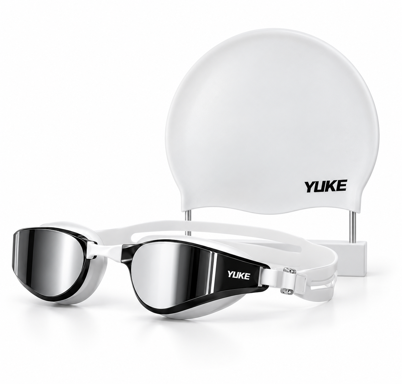 Набор для плавания Очки YUKE зеркальные с шапочкой HD Anti-Fog UV-защита Черно-белый (3154423957)