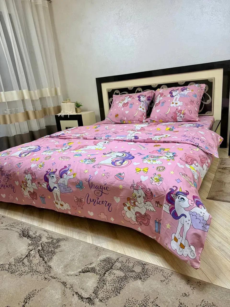 Комплект постільної білизни Пінкі Пай єдиноріг бавовняний полуторний 150х220/70х70 см Рожевий (28857924)