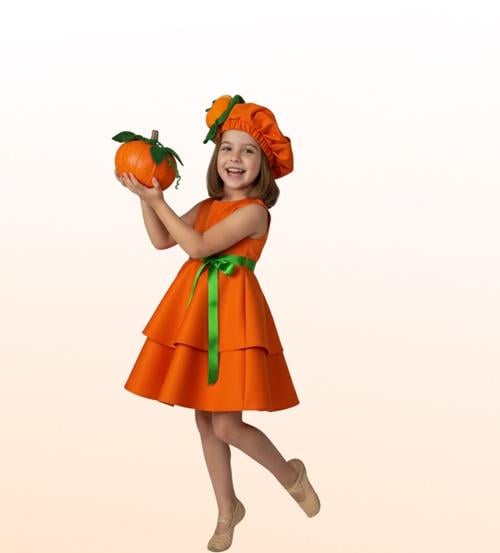 Карнавальное детское платье Тыквушка с головным убором/коттон рост 98-104 см