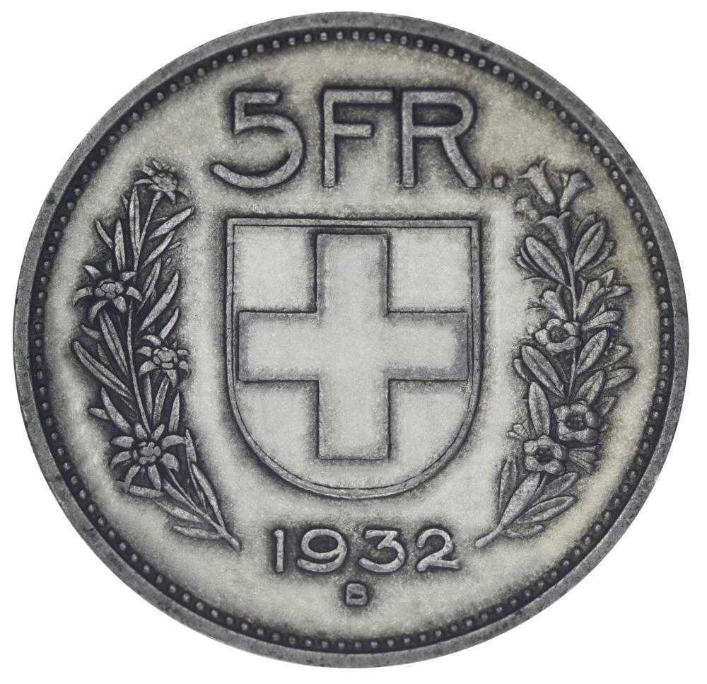 Коллекционная монета Швейцария 5 франков 1932 серебро F-VF