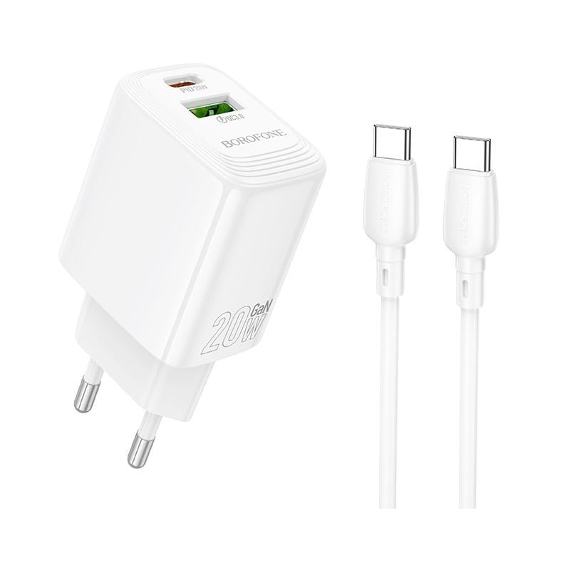 Зарядное устройство для телефона с кабелем Borofone BN27 Fuente PD20W+QC3.0 charger set CC EU White (24695)