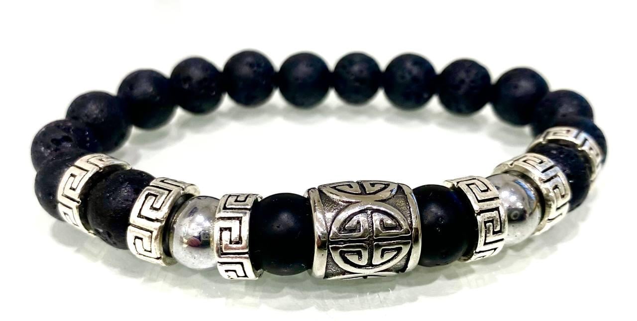 Браслет LITAURS из натурального камня оникс/лавовый камень/гематит с металлическими вставками L 18-21 см (241203-1)