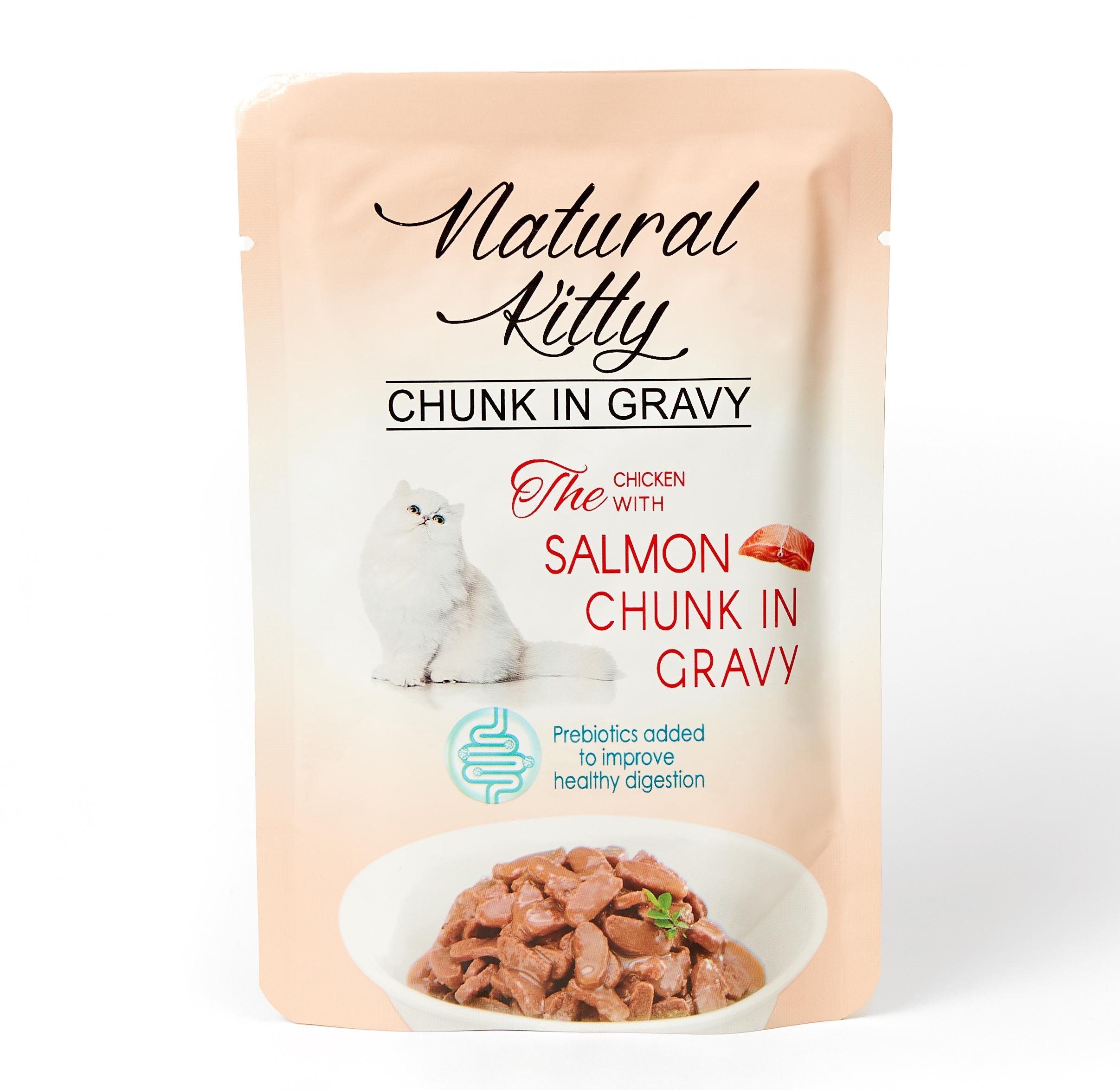 Павуки для кішок Natural Kitty Chunk in Gravy Chicken with Salmon шматочки курки та лосося в соусі 85 г (NKS240801)