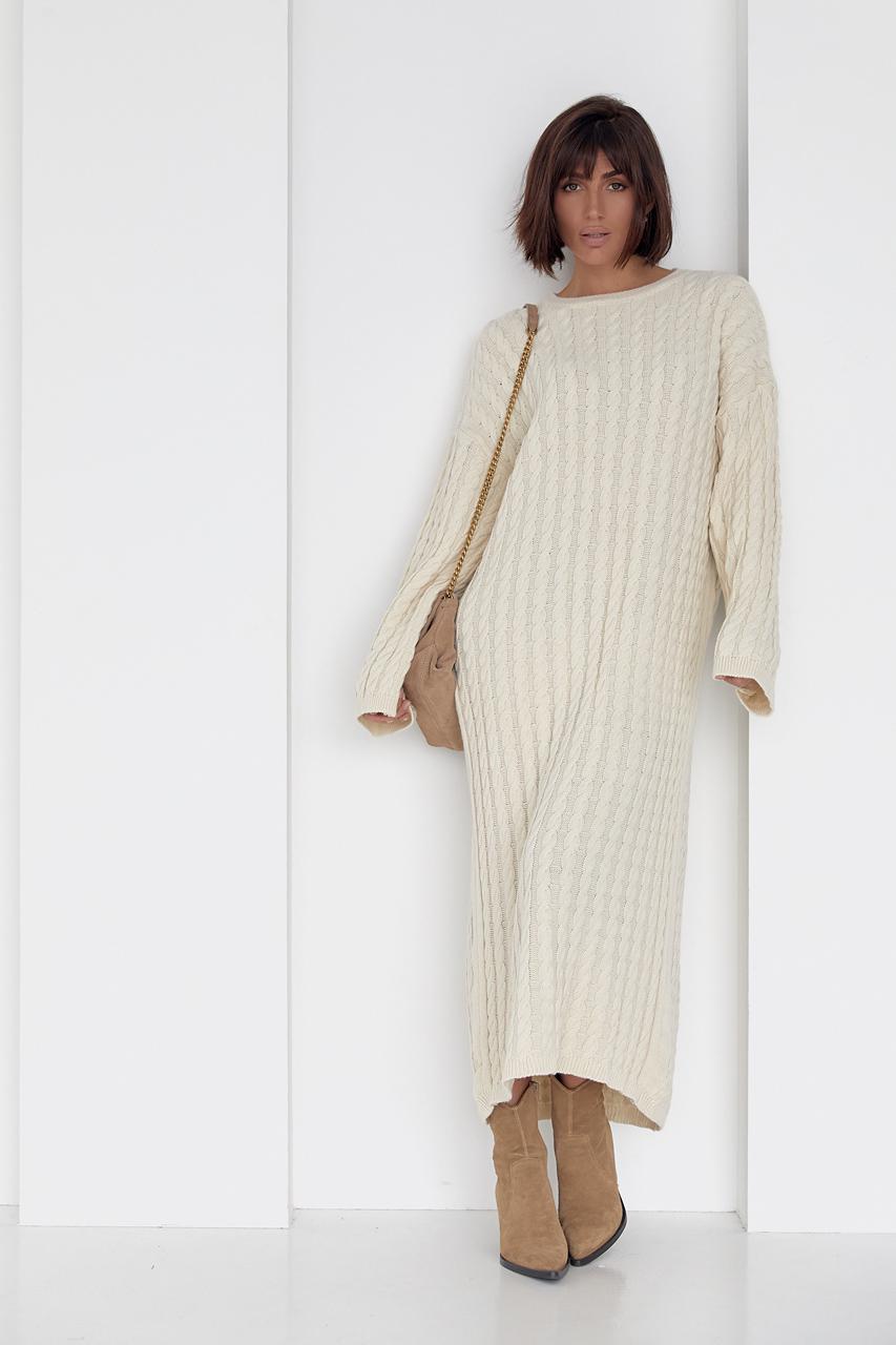 Платье вязаное oversize узором косички M Кремовый (M-02029-Кремовый)