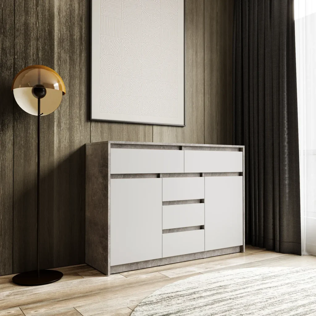 Комод КМД-227 с 5 выдвижными ящиками и дверцами 1270x910x400 мм Бетон/Белый