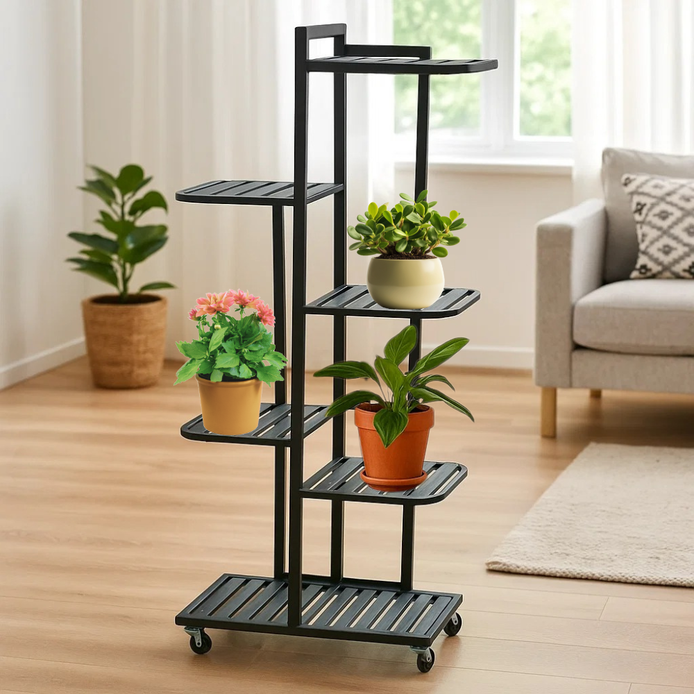 Стеллаж для растений на резиновых колесах передвижной металлический на 7 ярусов Черный