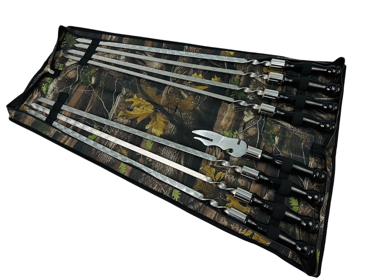 Набор шампуров комбинированный Блэк 8 предметов для пикника с вилкой-ножом из нержавеющей стали в чехле 65 см Черный (124-10-NB-2276)