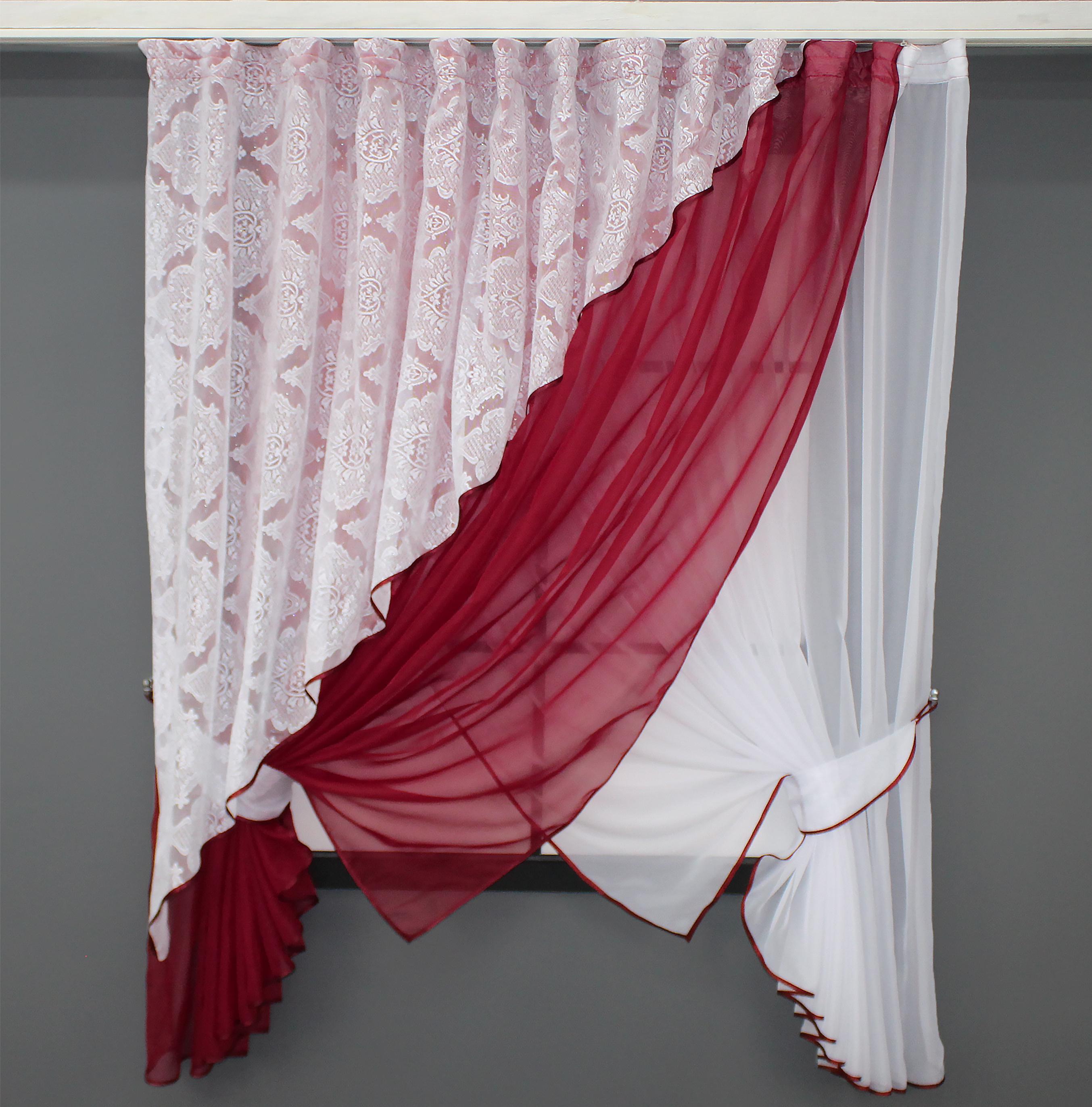 Шторки с подвязками VR-Textil № 063к Emily 300х170 см Бордовый/Белый (52-0715)