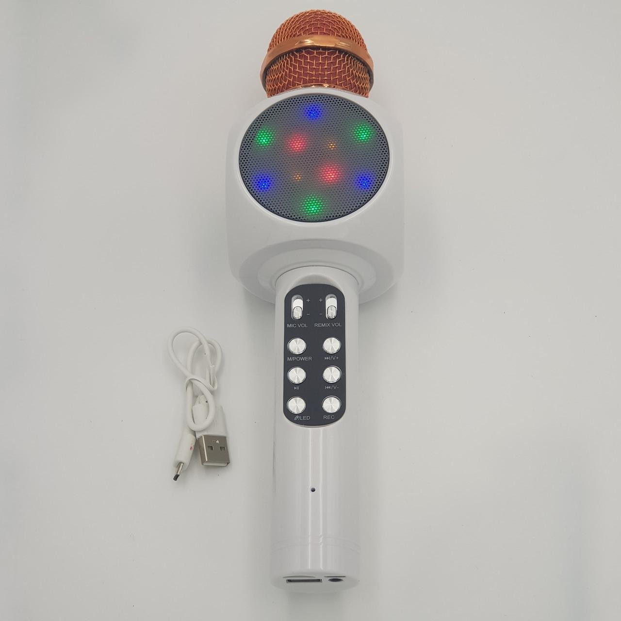 Караоке микрофон беспроводной с динамиком и цветомузыкой USB AUX Ukc WS-1816 в чехле Белый (224) - фото 2 Караоке микрофон беспроводной с динамиком и цветомузыкой USB AUX Ukc WS-1816 в чехле Белый (224) - фото 2